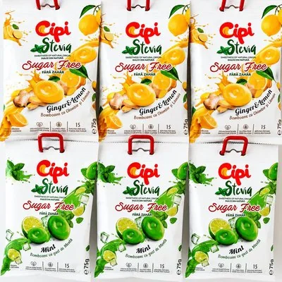 Bomboane Cipi Stevia fără zahăr: ghimbir și lămâie, mentă